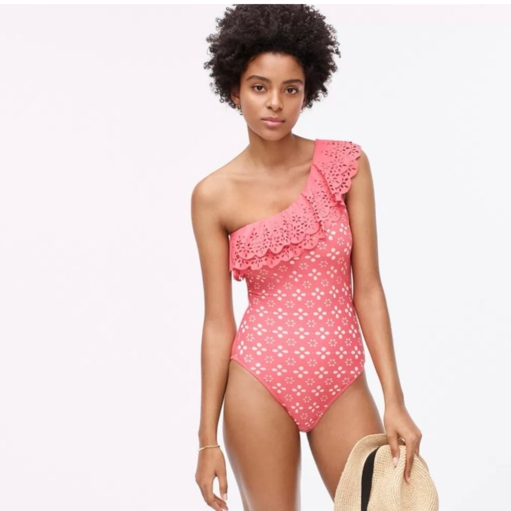 J Crew One-shoulder One-piece Swimsuit Scallop Laser Cut Ruffle Papaya Salmon 6